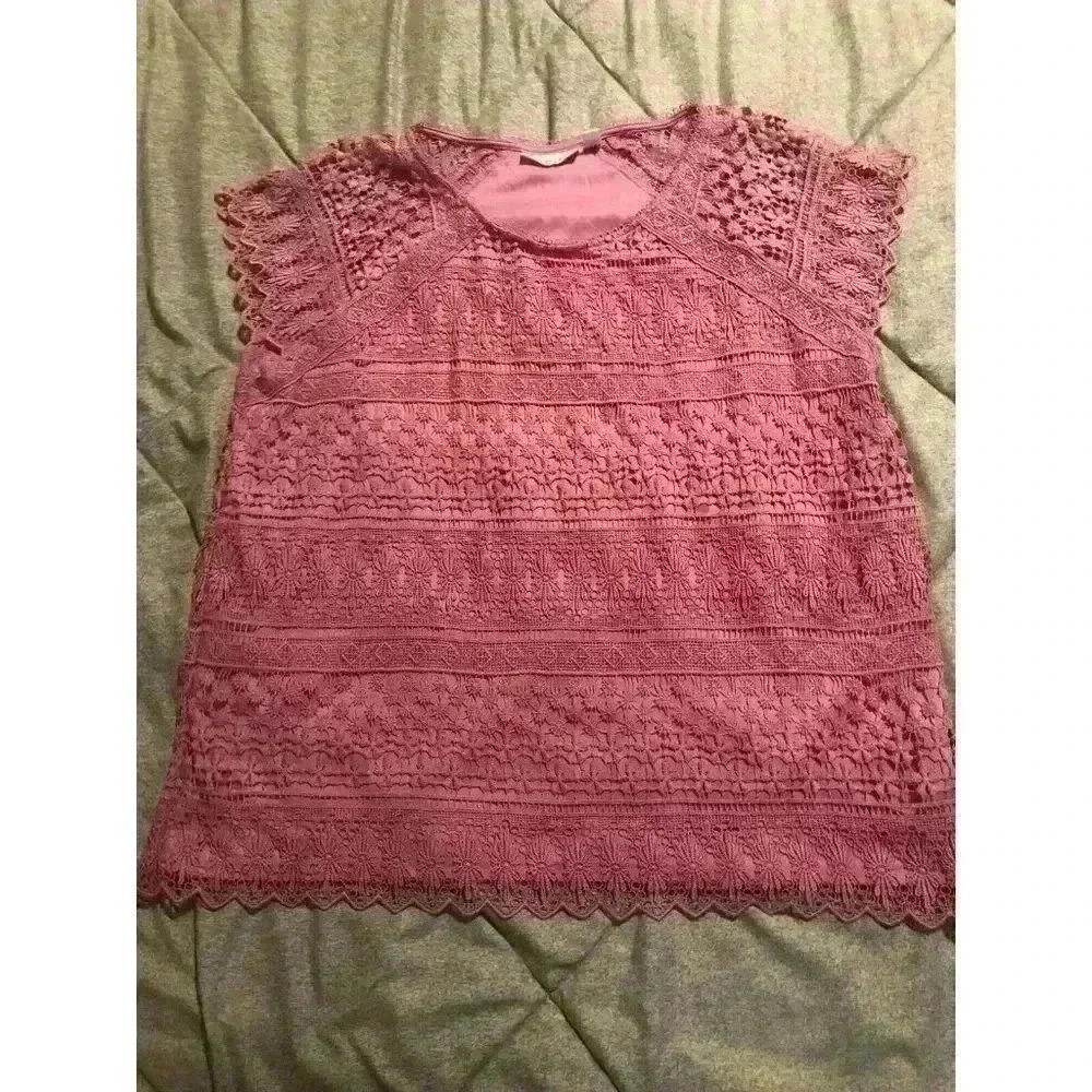 Rafaella Womens XL Mauve Pink Floral Lace Short Sleeve Lined Blouse Top